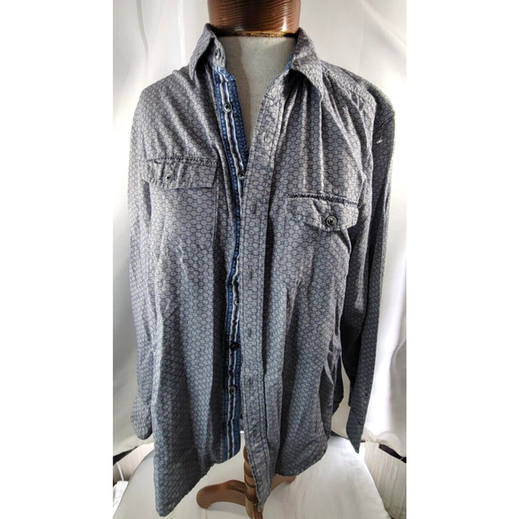 Smash Mens Large Blue Circle Pattern Chest Button Pockets Long Sleeve Shirt - Picture 1 of 4